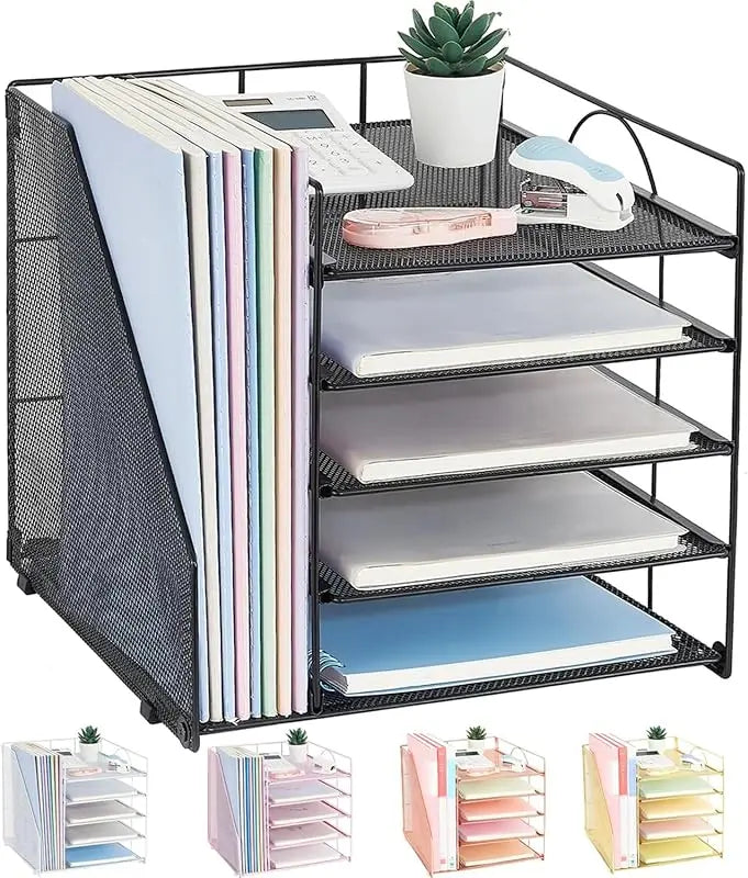 Desk Organizers and Accessories, 5-Tier Paper Letter Tray Organizer with File Holder, Desktop Organizer for Office Supplies
